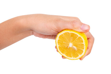 hand with orange fruit isolated on white background
