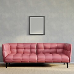 Home interior mock up poster on a white concrete wall, sofa and decor in Living room, blank picture frame, 3d render, 3d illustration.