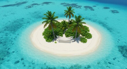 Aerial view depicts a small, deserted tropical island surrounded by clear blue ocean water