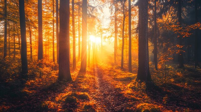 A sunlit path through an autumn forest with golden light filtering through the trees.