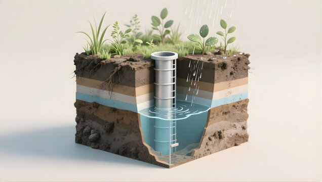 Water well underground with soil layers and plants top showing water collection and rain city sponge effect for natural water storage