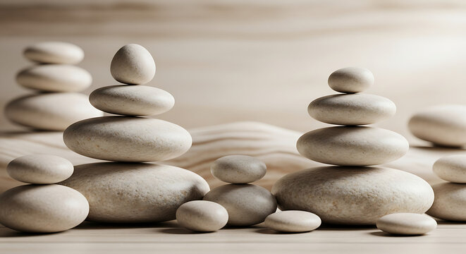 Stacked stones create a sense of harmony and balance in a minimalist zen garden arrangement