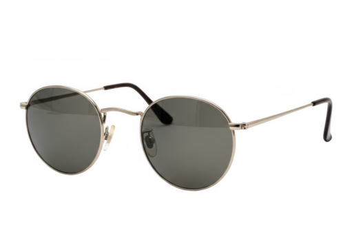 Round sunglasses with silver frame and dark lenses, isolated on transparent background