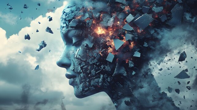 A surreal image of a human head exploding with rocks and fire, against a cloudy sky.