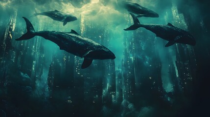 Fototapeta premium A surreal underwater scene with four whales swimming above a submerged city.