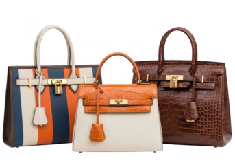 Collection of three luxury designer handbags, including a striped birkinstyle bag, an orange crocodile embossed bag, and a brown crocodilepatterned bag isolated on transparent background