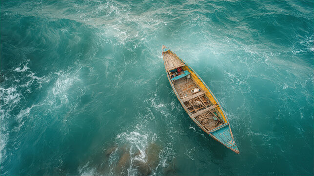 Small wooden fishing boat floating on turquoise ocean water with visible waves and gentle movement captured from an aerial top-down perspective above the sea surface
