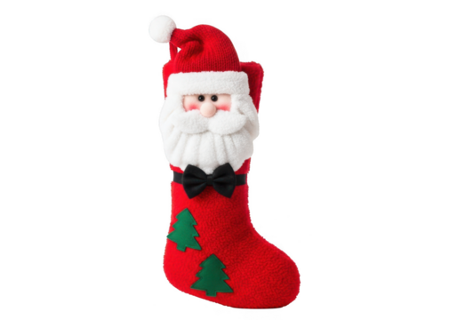 Christmas stocking with santa claus face and green tree applique isolated on transparent background
