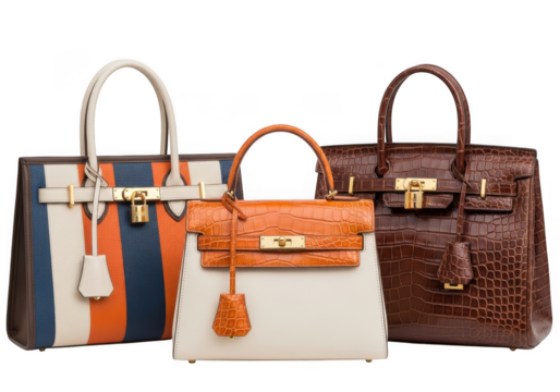 Collection of three luxury designer handbags, including a striped birkinstyle bag, an orange crocodile embossed bag, and a brown crocodilepatterned bag isolated on transparent background - Powered by Adobe