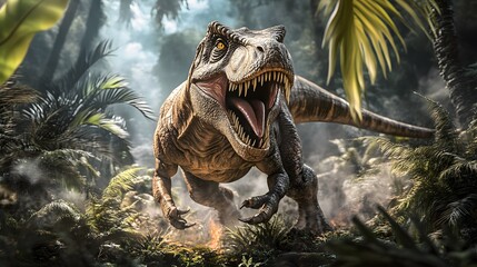 A Tyrannosaurus Rex dinosaur roars as it runs through a jungle setting.