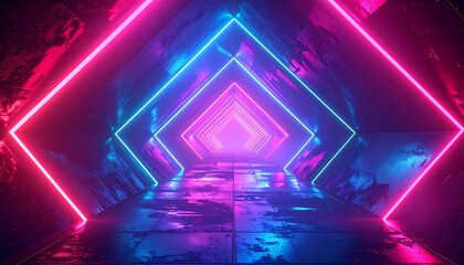 A futuristic tunnel with diamond-shaped neon lights in shades of pink and blue, creating a vibrant and moody atmosphere