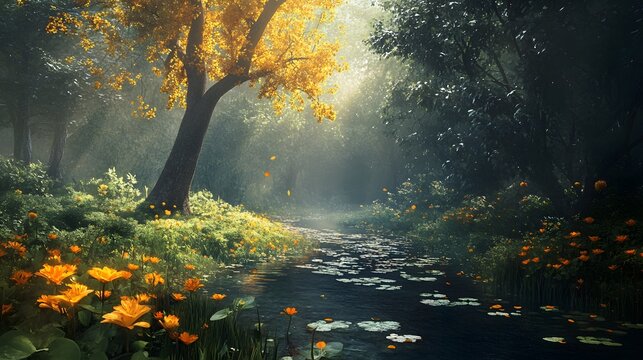 A tranquil stream flows through a misty forest, sunlight illuminating the yellow leaves of a tree and the vibrant flowers blooming along the banks.