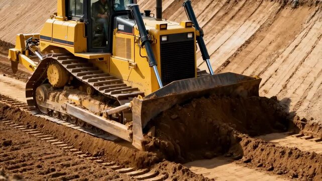 Bulldozers in medium frame cutting and pushing earth to sculpt graded slopes emphasizing precise land contouring essential for infrastructure projects.