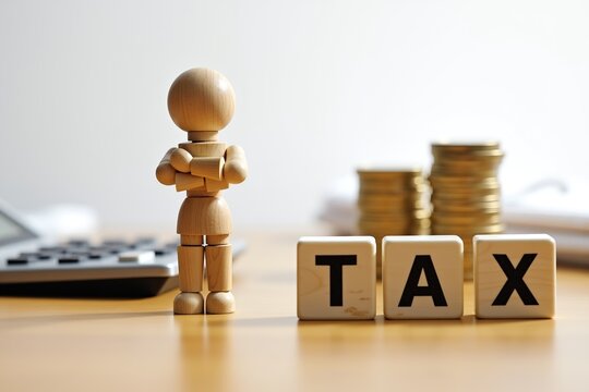 A wooden figurine stands beside a calculator, gesturing toward three stacks of coins and the word "TAX" spelled on blocks  symbolizing financial planning or taxation concepts.