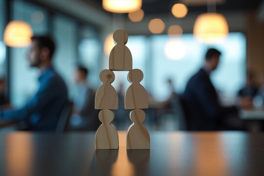 A pyramid of wooden figurines symbolizes teamwork and hierarchy, set against a blurred office backdrop with professionals working in the background  representing collaboration and structure in a moder