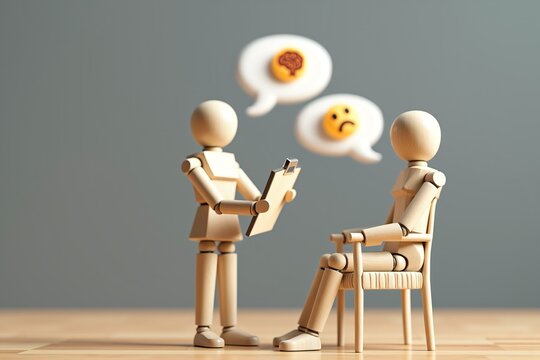 Two wooden figurines engage in a tense conversation, each with an expressive thought bubble: one shows a brain icon (thinking), the other displays a frowning face (frustration or anger). Theyre holdin - Powered by Adobe