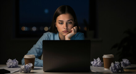 Young woman with blank stare at laptop symbolizing creative burnout and Gen Z detachment