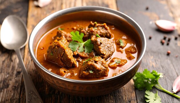 Close-up of a flavorful stew in a metal bowl, garnished with fresh herbs, alongside a spoon and garlic cloves
