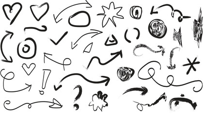 Collection of hand drawn black doodles and symbols on a white background