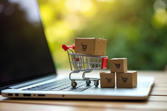 A miniature shopping cart filled with cardboard boxes sits on a laptop keyboard, symbolizing online e-commerce and digital retail. The blurred green background suggests a modern, tech-driven environme - Powered by Adobe