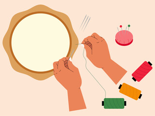 Human hands will make embroidering crafts, he has prepared several tools such as threads, needles. Craft vector illustration. Flat illustration concept.