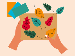 Human hand is making crafts with origami paper, he cut it out like a leaf and then glued it to the paper.. Craft vector illustration. Flat illustration concept.