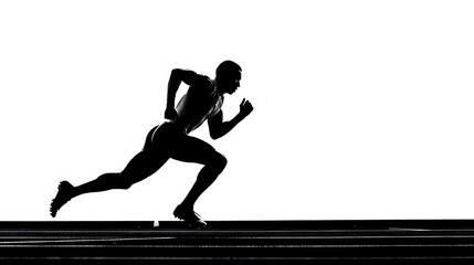 Silhouette of a runner sprinting on a track in a high contrast black and white image with bright background