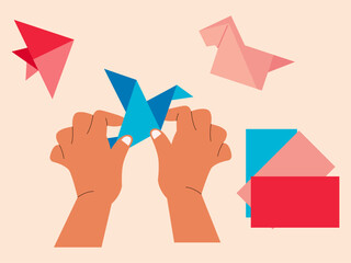 Human hands are making origami birds, crafts from color origami paper. Craft vector illustration. Flat illustration concept.