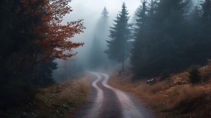 A winding dirt road disappears into a foggy forest, with autumn foliage adding pops of color.