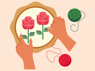 Human hands are making rose embroidery crafts. Craft vector illustration. Flat illustration concept.