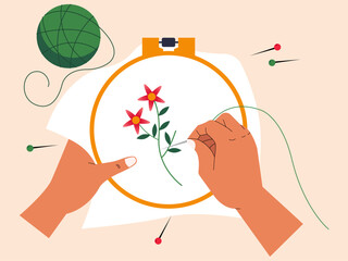 Human hands are making embroidery work. Craft vector illustration. Flat illustration concept.