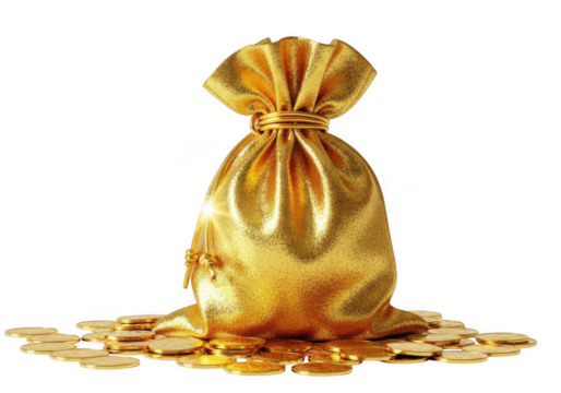 A golden money bag overflowing with gold coins, symbolizing wealth and fortune, isolated on transparent background