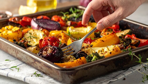 Hand using a fork to pick up roasted vegetables from a baking sheet, showcasing a healthy and colorful meal.