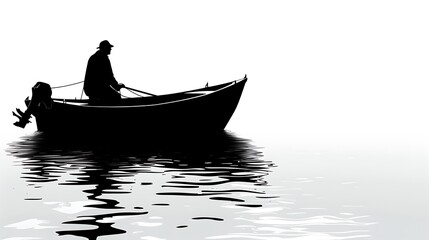 Silhouette of a person in a boat on the water with motor and reflections in black and white tones