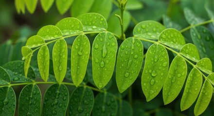Close-up shot of vibrant green leaves adorned with glistening water droplets
