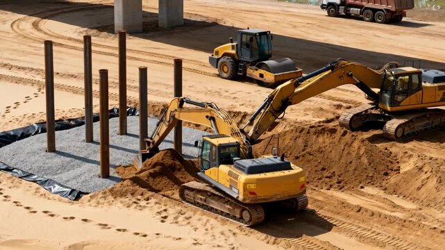 Medium shot capturing pile installation in sandy soil for a bridge foundation highlighting earthmoving vehicles and soil stabilization techniques.