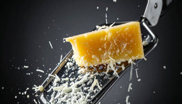 Hard Parmesan cheese being grated on a stainless steel grater against a dark background.
