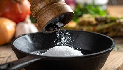 Salt and Pepper Grinder over Cast Iron Skillet with Vegetables.