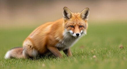 Fototapeta premium A red fox sitting on a grassy field with a blurred background.