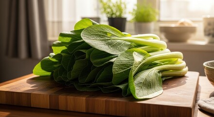 Fresh Bok Choy on Wooden Cutting Board Bathed in Natural Light Still Life Scene