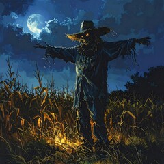A spooky night scene depicts a scarecrow in a cornfield under a full moon, with glowing eyes and tattered clothing