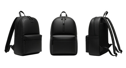 Three views of a black leather backpack front, side, and angled, isolated on a transparent background