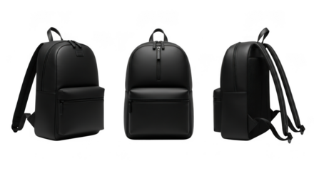 Three views of a black leather backpack front, side, and angled, isolated on a transparent background