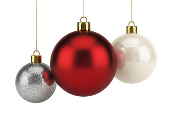 Three festive christmas ornaments, one red and two silver and white, hanging by thin gold strings, isolated on transparent background