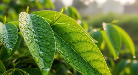 Fresh green leaves with water droplets gleaming in the morning sunlight create a vibrant display