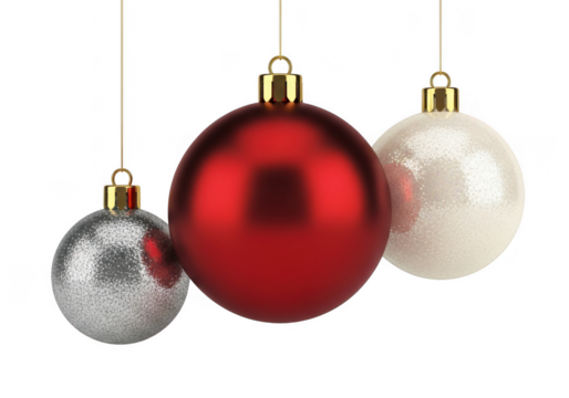 Three festive christmas ornaments, one red and two silver and white, hanging by thin gold strings, isolated on transparent background