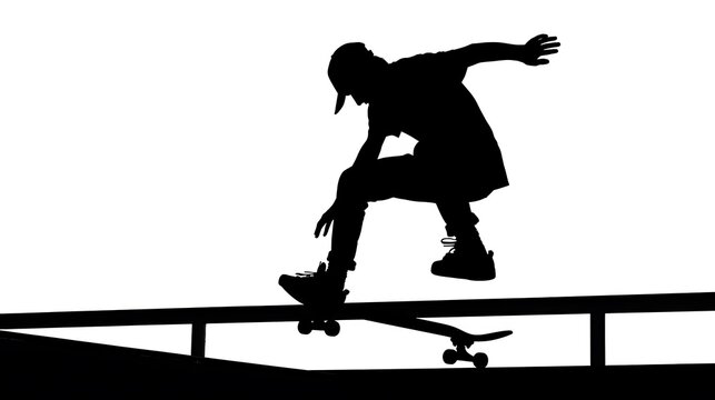 Dynamic skateboarder silhouette performing a grind trick on a rail against a clean white background. - Powered by Adobe