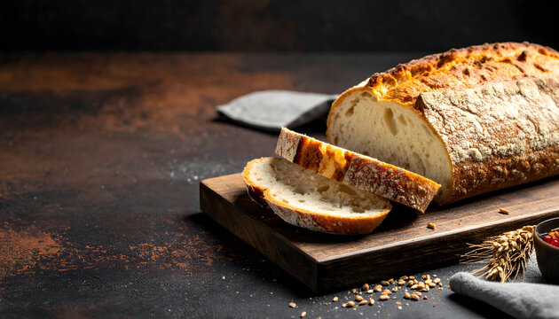 Freshly baked bread loaf with slices on wooden cutting board - Powered by Adobe
