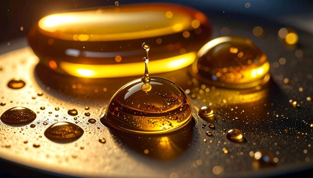 Macro photography of a golden liquid droplet suspended over a reflective surface.