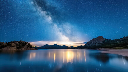 Serene starry night sky reflecting on calm lake, creating peaceful atmosphere